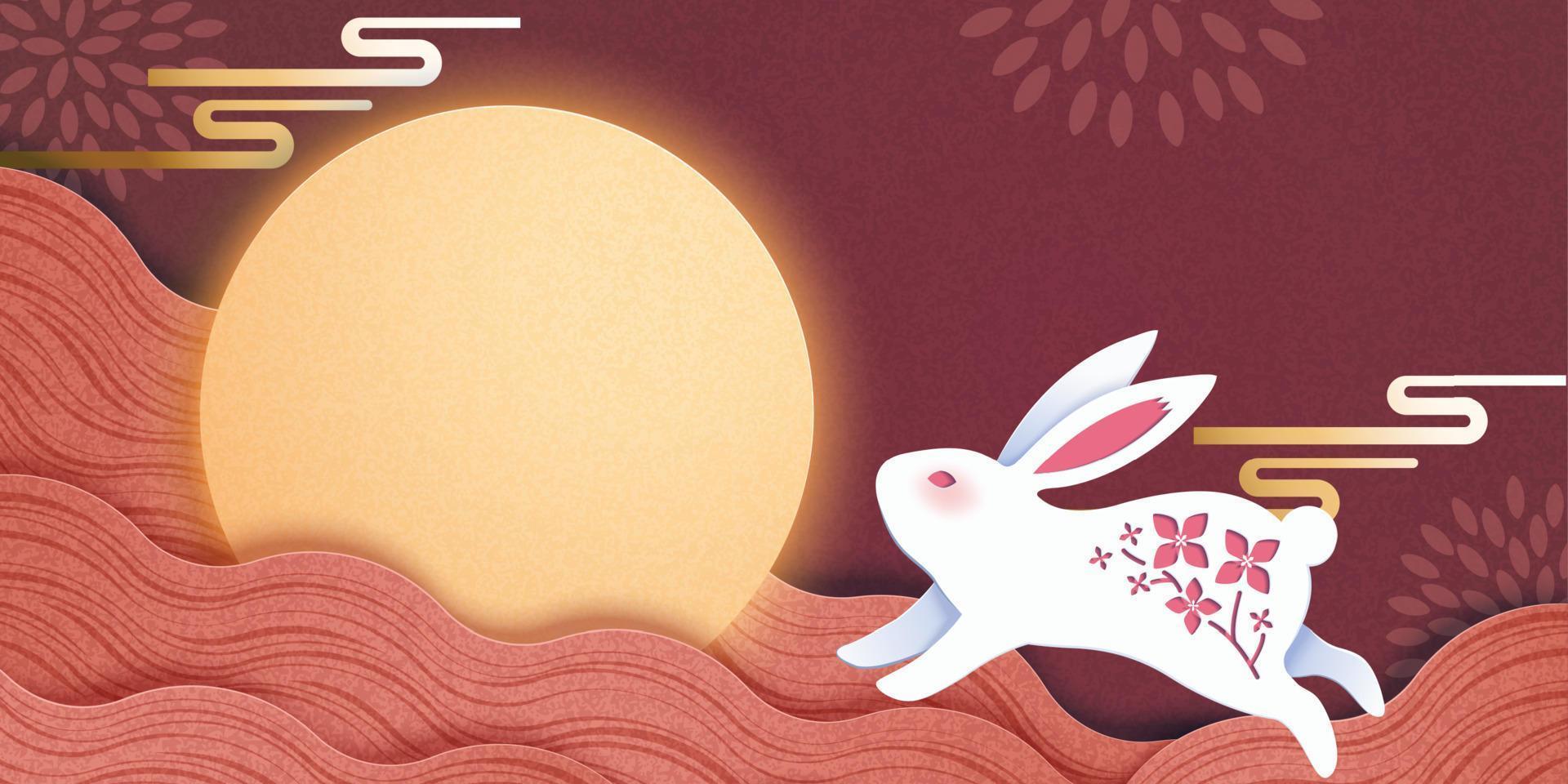 elegant mid autumn festival attractive moon jade rabbits red background vector