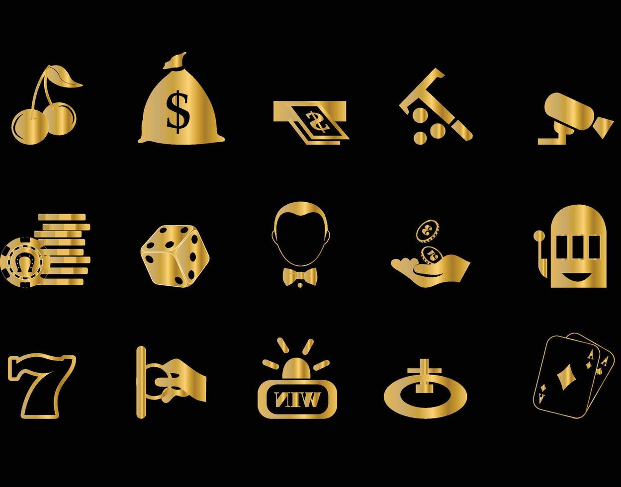 Golden casino icons, poker game symbols vector