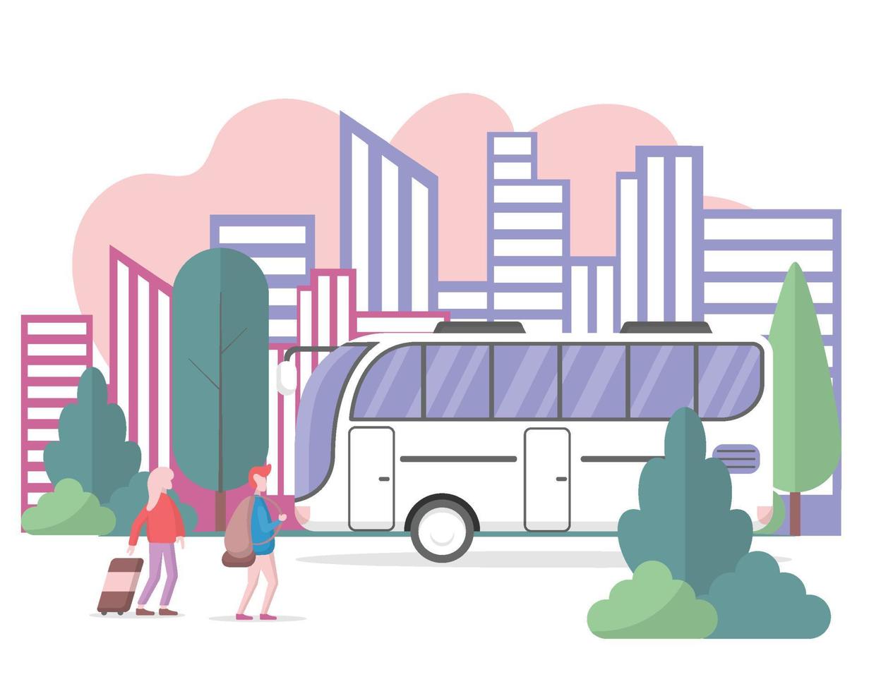 Tourist man and woman go to the bus vector illustration