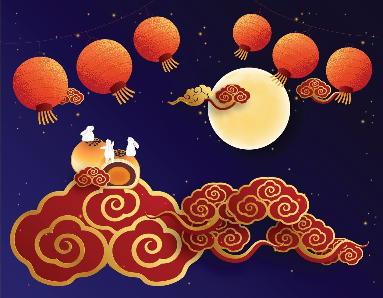 Cute rabbits enjoy the glorious full moon vector