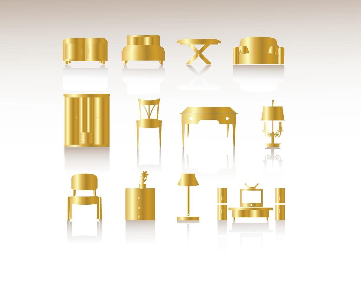 Gold icons furniture isolate on white background vector