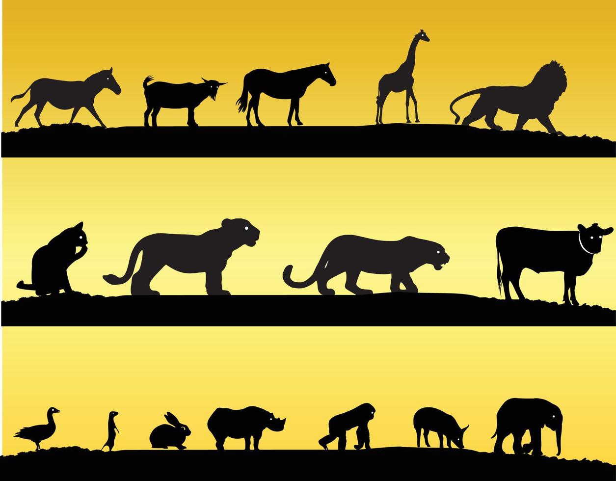 Animals silhouettes isolate on gold background vector