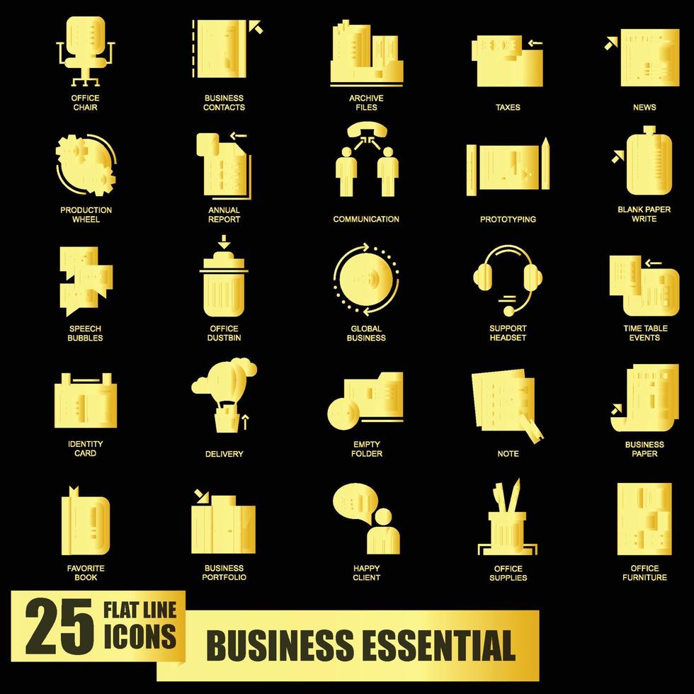 Gold business essential icon collection vector