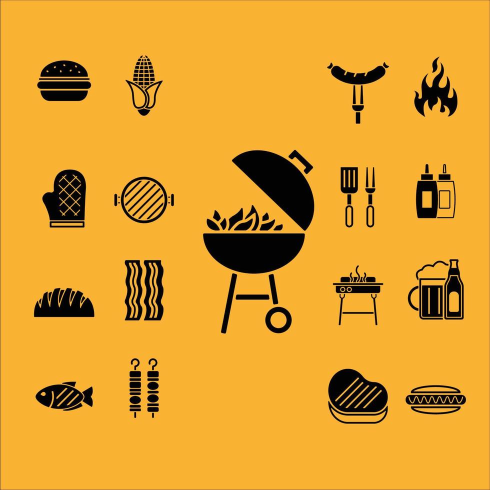 Set of barbecue icons isolate on yellow background vector