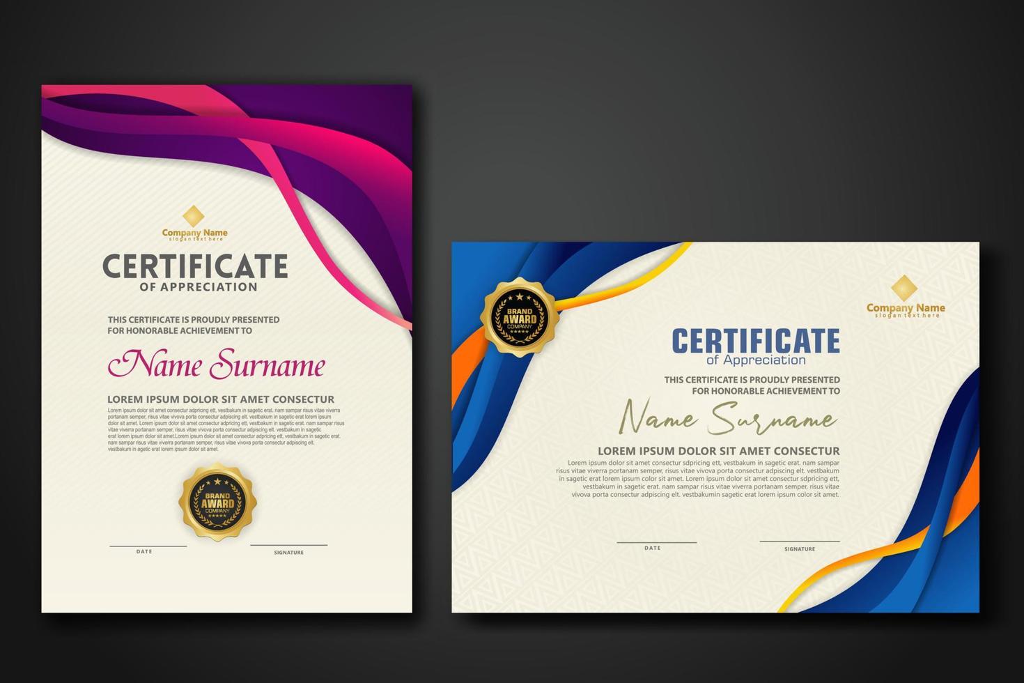 Two set certificate template with dynamic and futuristic wave modern background vector