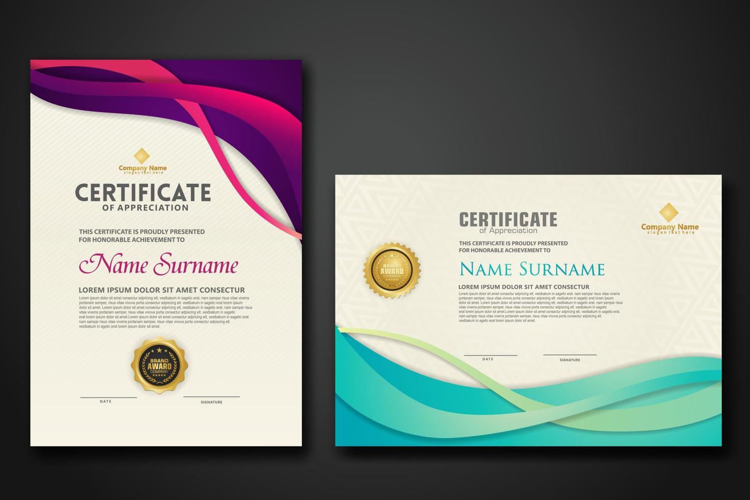 Two set certificate template with dynamic and futuristic wave modern background vector