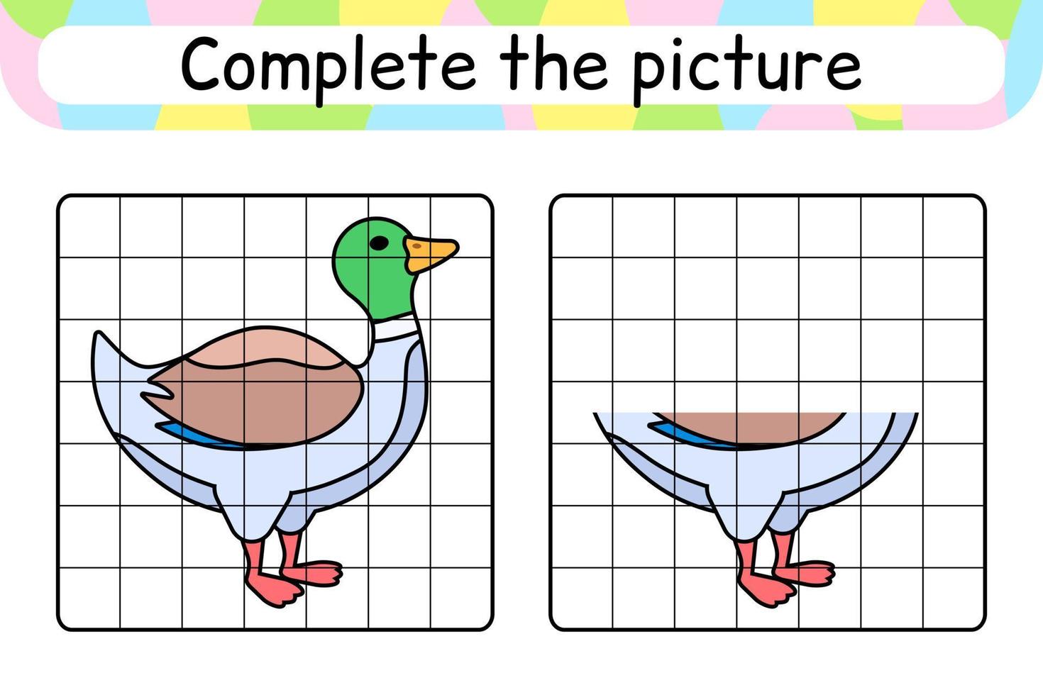 Complete the picture duck. Copy the picture and color. Finish the image. Coloring book. Educational drawing exercise game for children vector