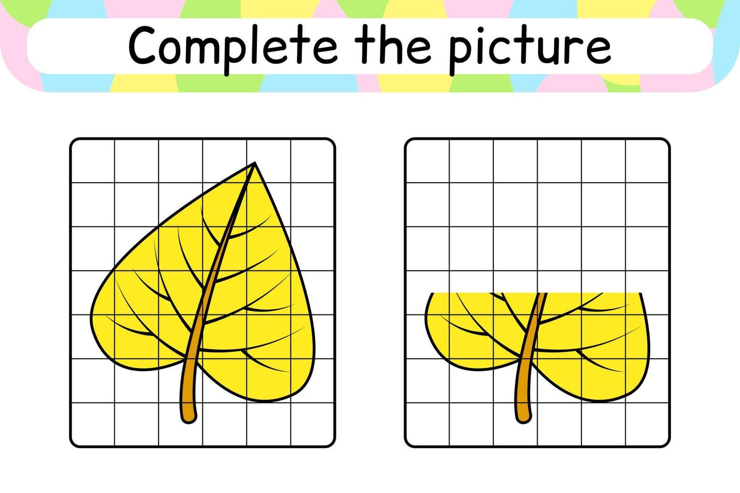 Complete the picture leaf birch. Copy the picture and color. Finish the image. Coloring book. Educational drawing exercise game for children vector