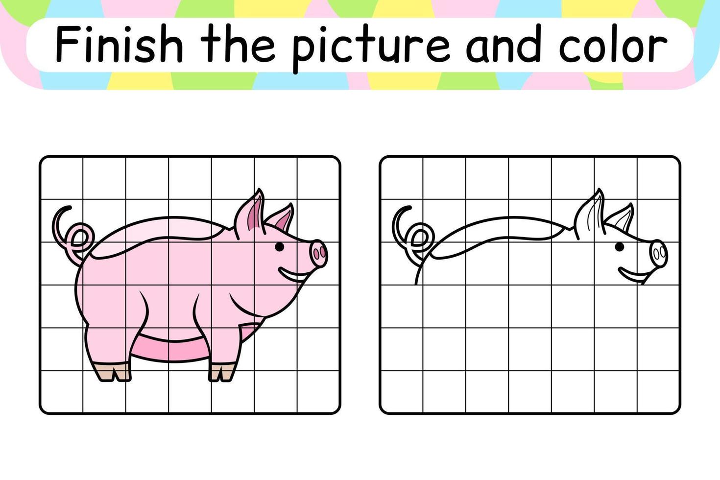 Complete the picture pig. Copy the picture and color. Finish the image. Coloring book. Educational drawing exercise game for children vector
