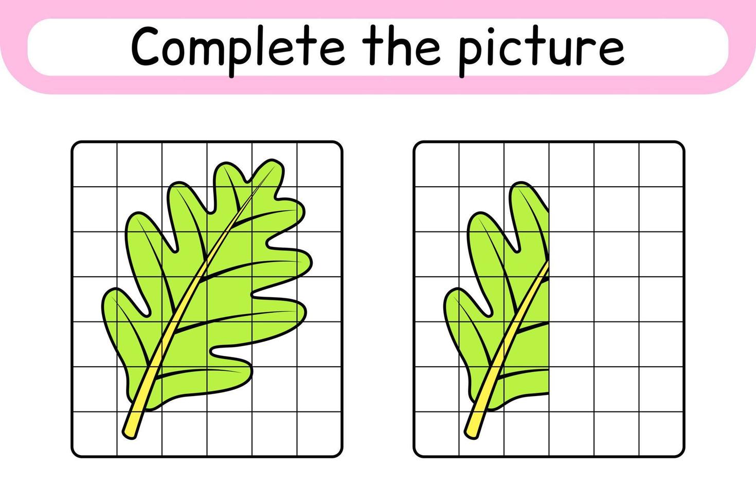 completa el cuadro hoja de roble. copiar la imagen y el color. terminar la imagen. libro de colorear. juego educativo de ejercicios de dibujo para niños vector