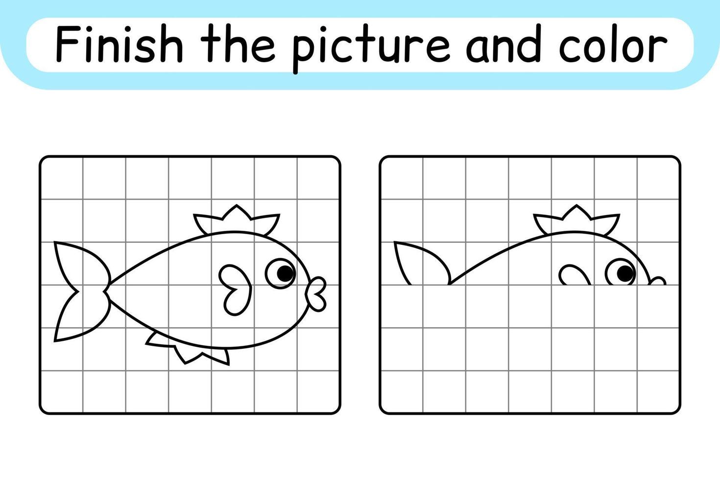 Complete the picture fish. Copy the picture and color. Finish the image. Coloring book. Educational drawing exercise game for children vector