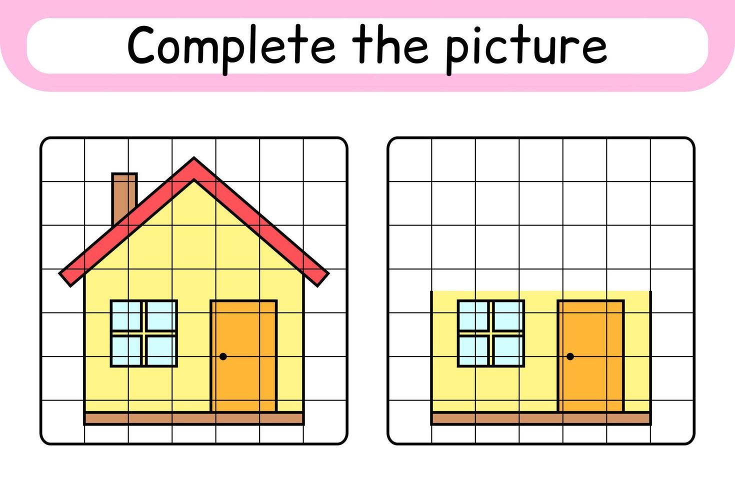 completa la imagen de casa. copiar la imagen y el color. terminar la imagen. libro de colorear. juego educativo de ejercicios de dibujo para niños vector