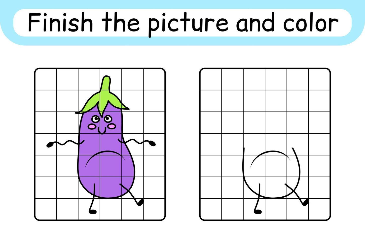 Complete the picture eggplant. Copy the picture and color. Finish the image. Coloring book. Educational drawing exercise game for children vector