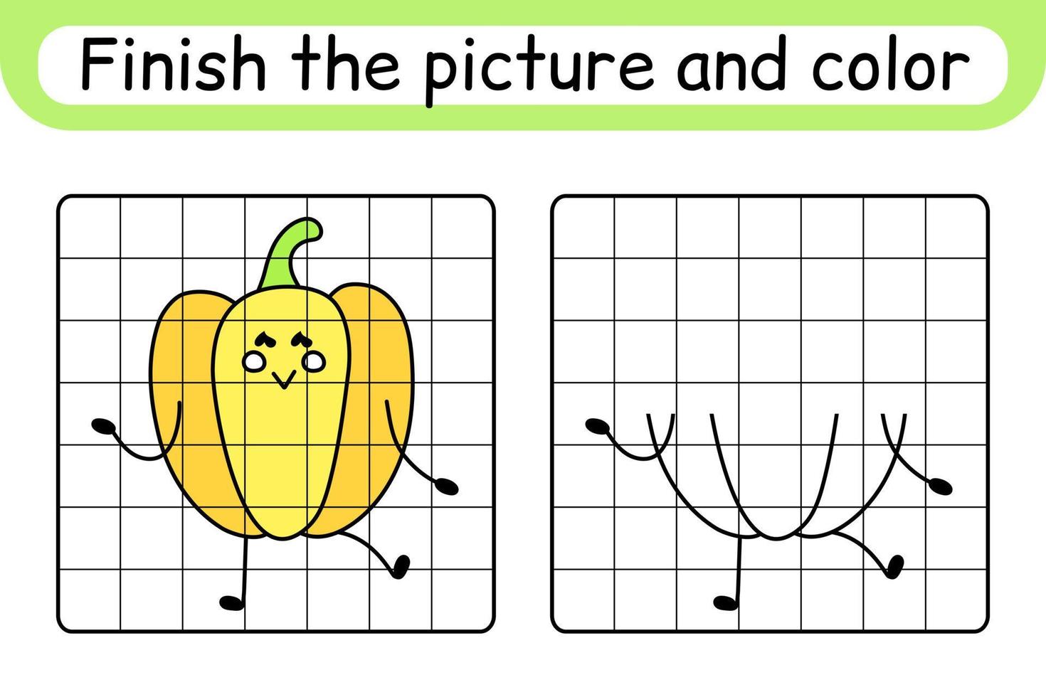 completa el cuadro pimiento. copiar la imagen y el color. terminar la imagen. libro de colorear. juego educativo de ejercicios de dibujo para niños vector