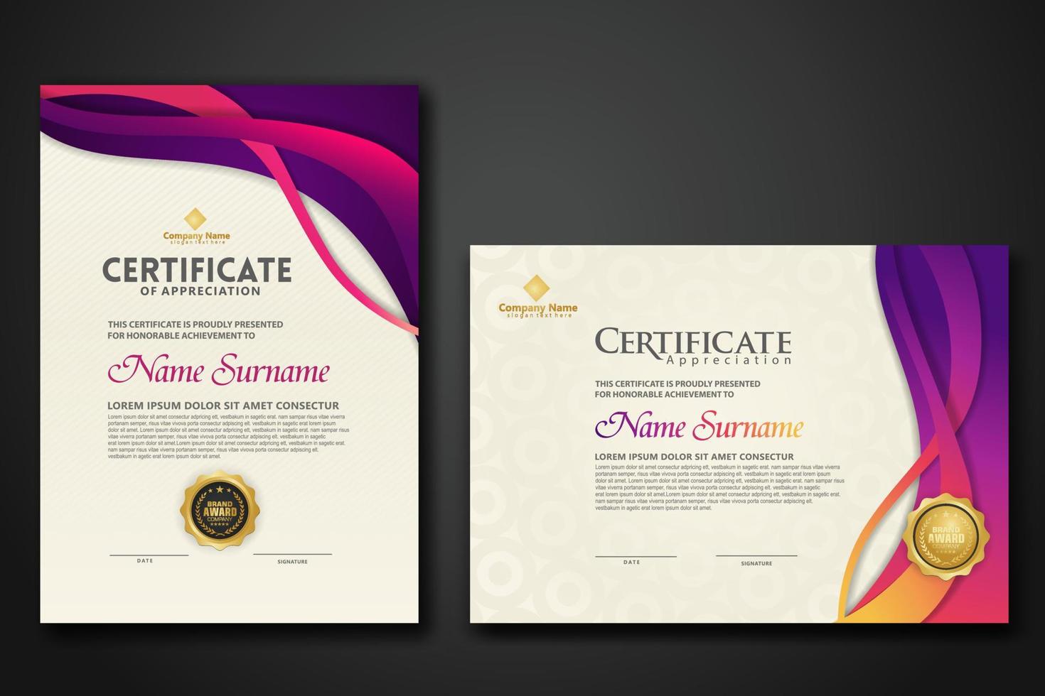 Two set certificate template with dynamic and futuristic wave modern background vector