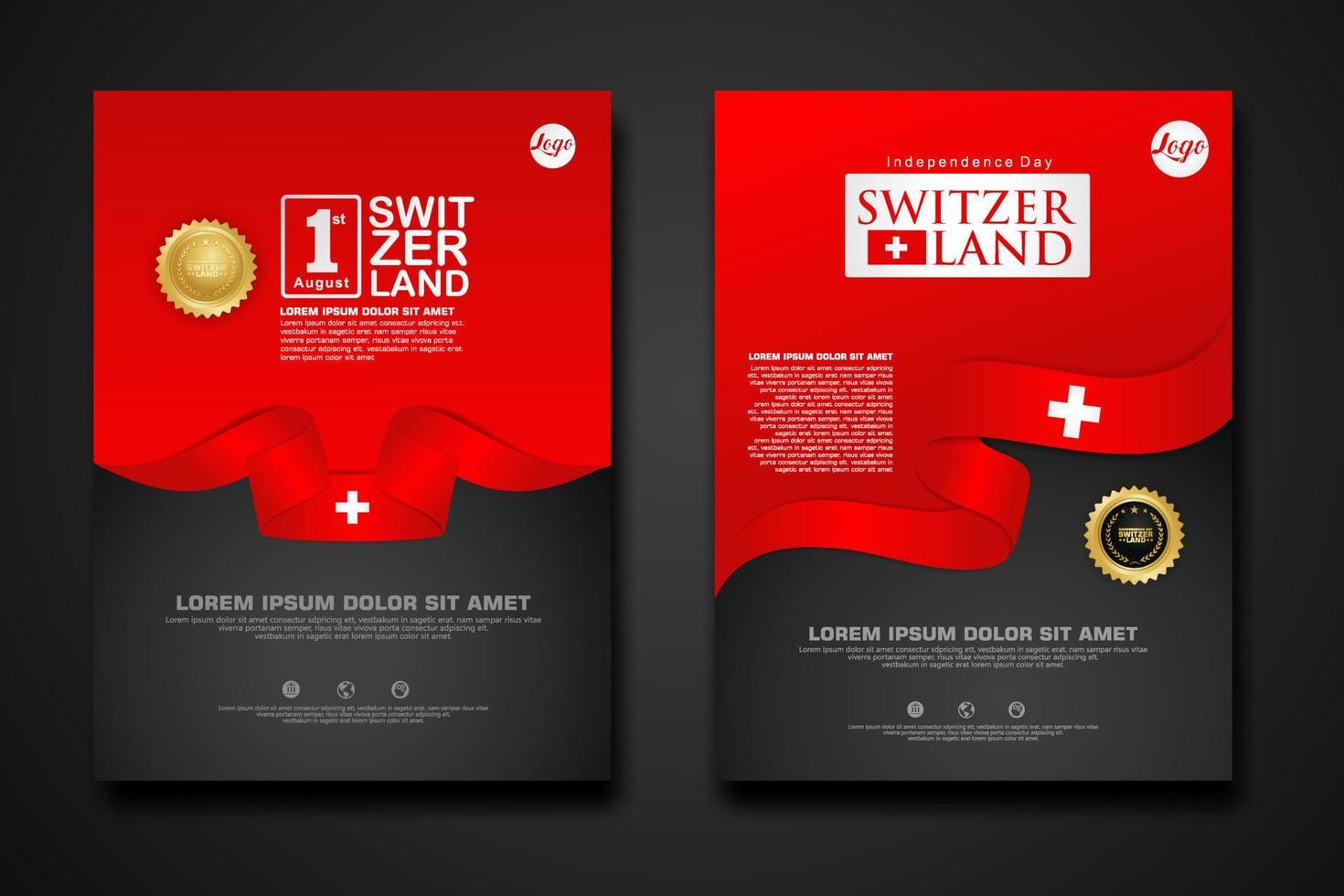 Set poster design Switzerland happy Independence Day background template with elegant ribbon-shaped flag, gold circle ribbon. vector illustrations