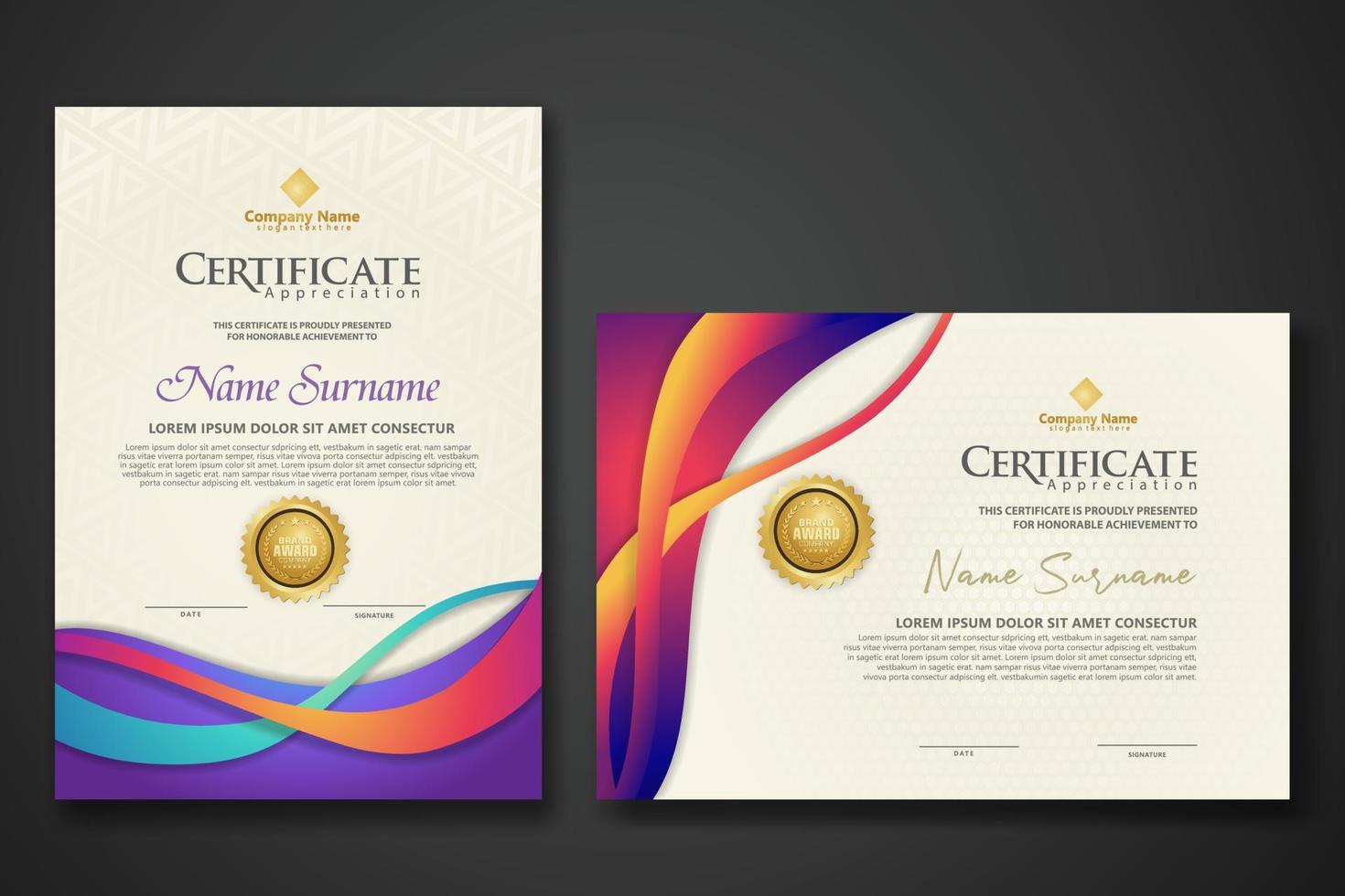 Two set certificate template with dynamic and futuristic wave modern background vector