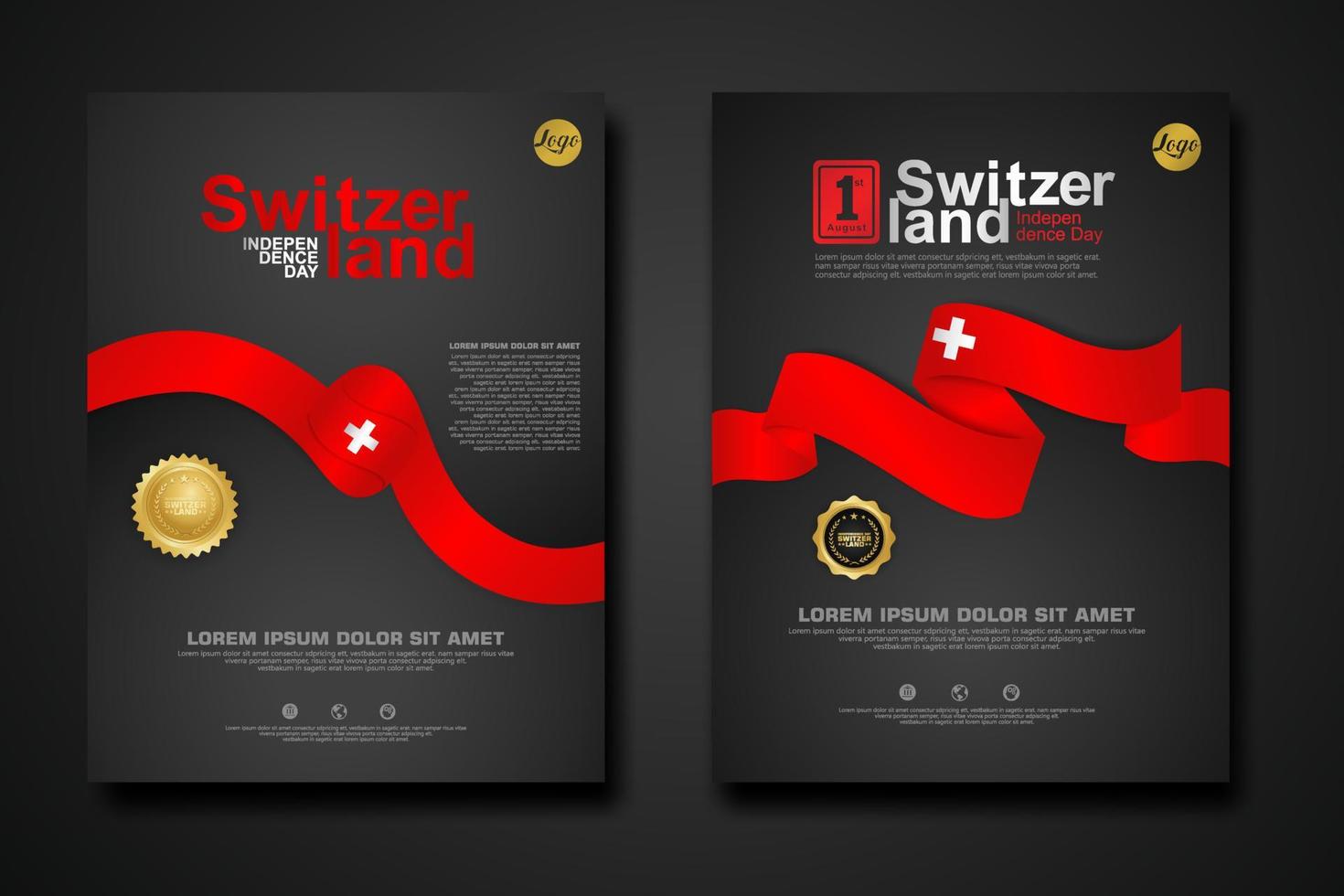 Set poster design Switzerland happy Independence Day background template with elegant ribbon-shaped flag, gold circle ribbon. vector illustrations