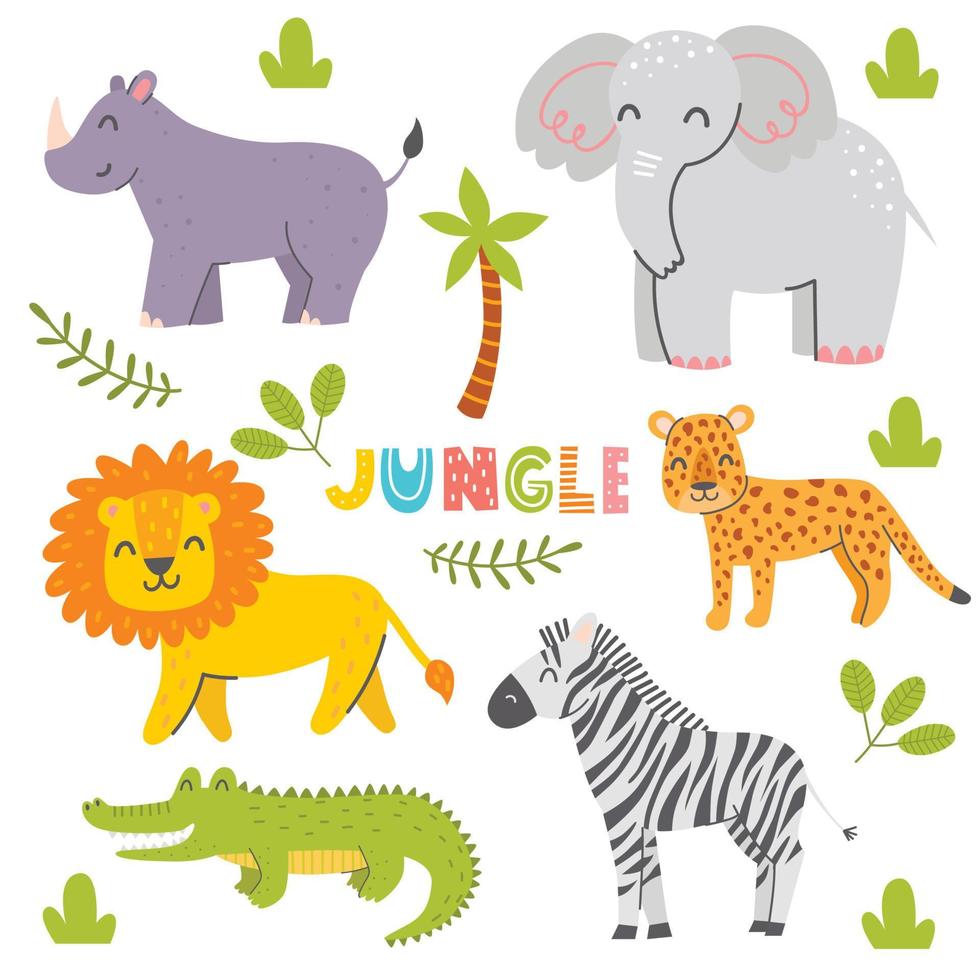 Set of cute jungle animals. Characters for kids. Vector childish illustration