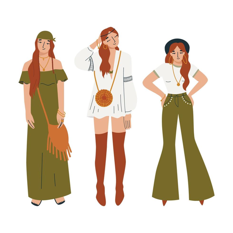 Boho style fashion outfit. Women in boho outfit. Boho-chic fashion set for young women. Bohemian style vector