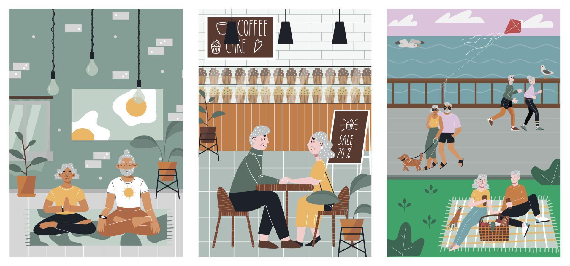 Set of active elderly couples. Old couples doing yoga at home, dating in a cafe,walking dog, having picnic, running. Flat vector illustration.