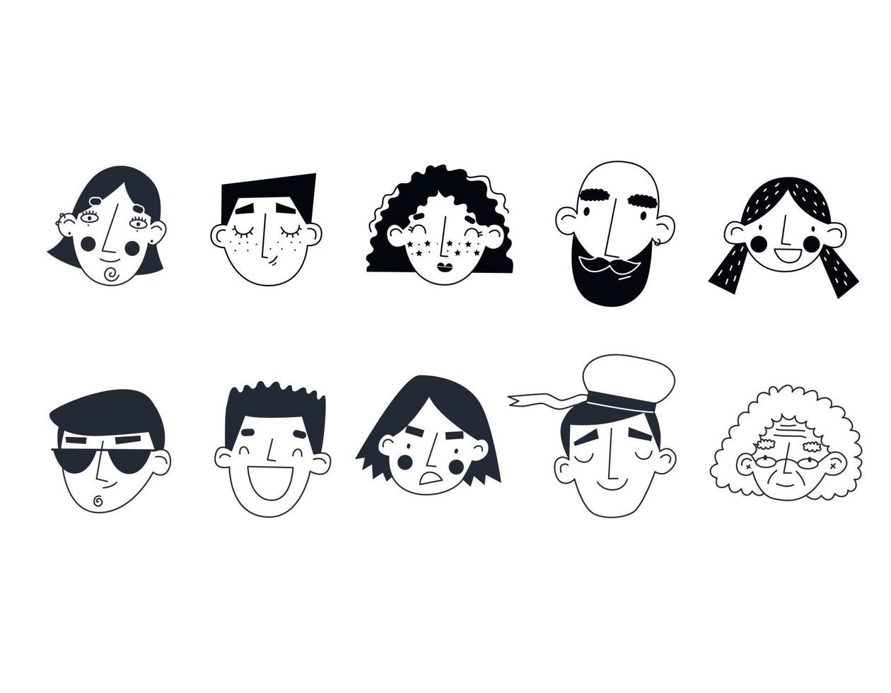 Doodle faces. Old and young age. Different emotions. Vector illustration.