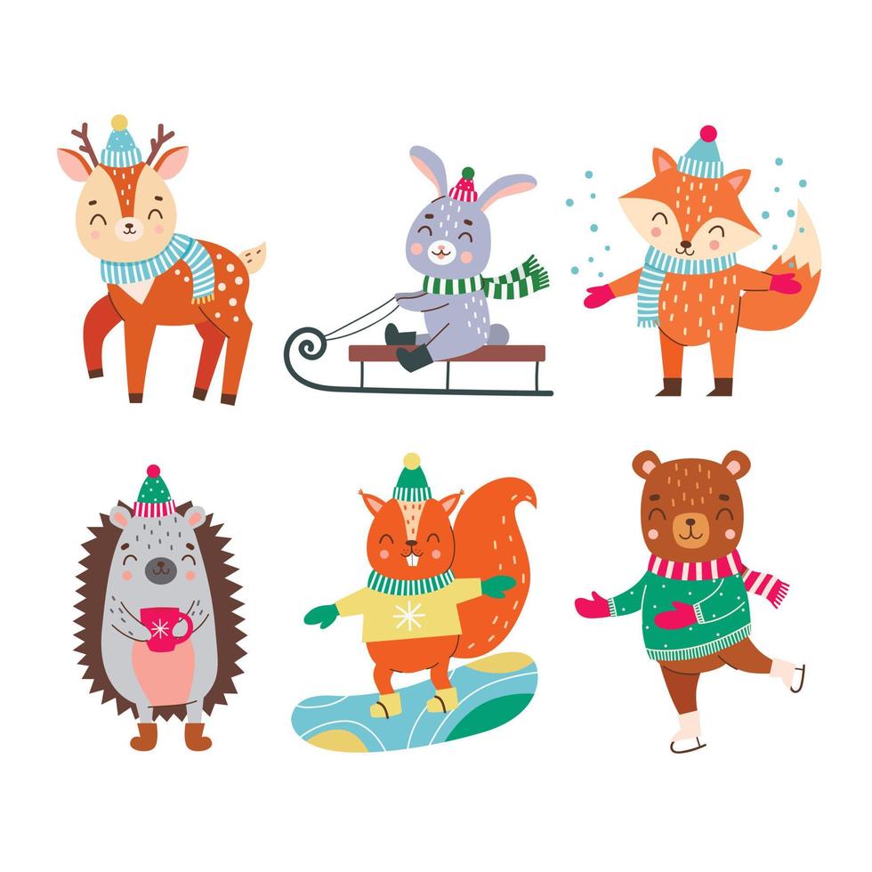 Cute animals in winter. Winter fun. Vector illustration.