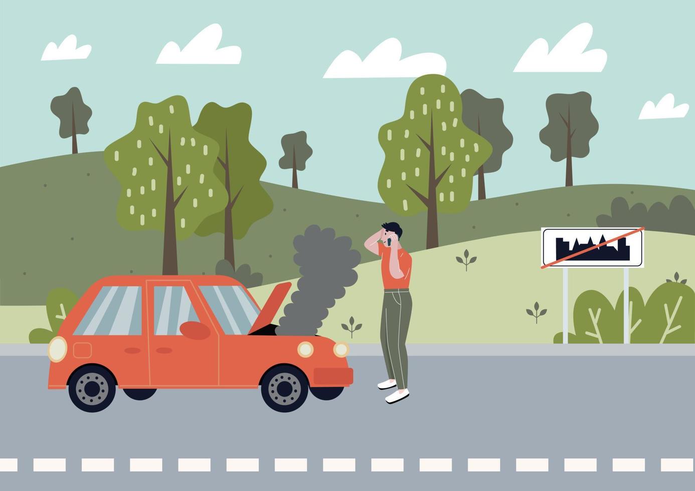 un coche averiado accidentalmente en la carretera. avería del coche en la carretera nacional. un hombre llama al servicio para ayudar. un auto defectuoso con humo del capó. ilustración vectorial plana. vector