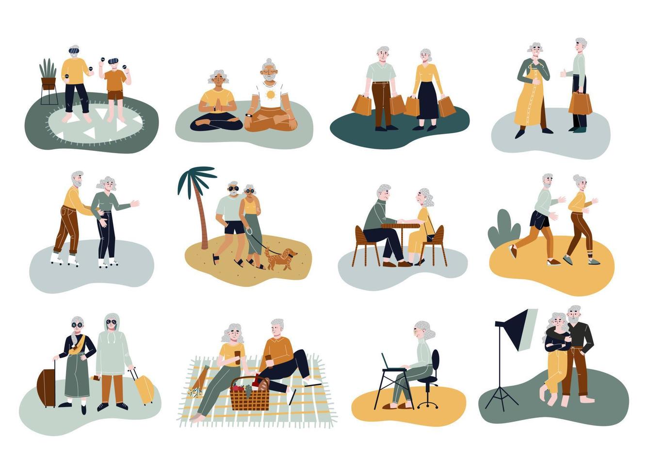 conjunto de pareja de ancianos activa aislada sobre fondo blanco. personajes ancianos felices. actividades deportivas saludables para los abuelos. ilustración vectorial plana. vector