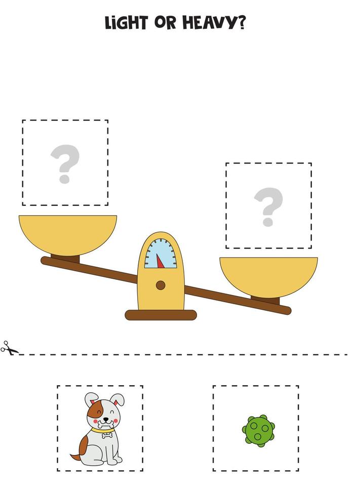 Light, heavy or equal. Cut pictures below and glue to the right box. vector