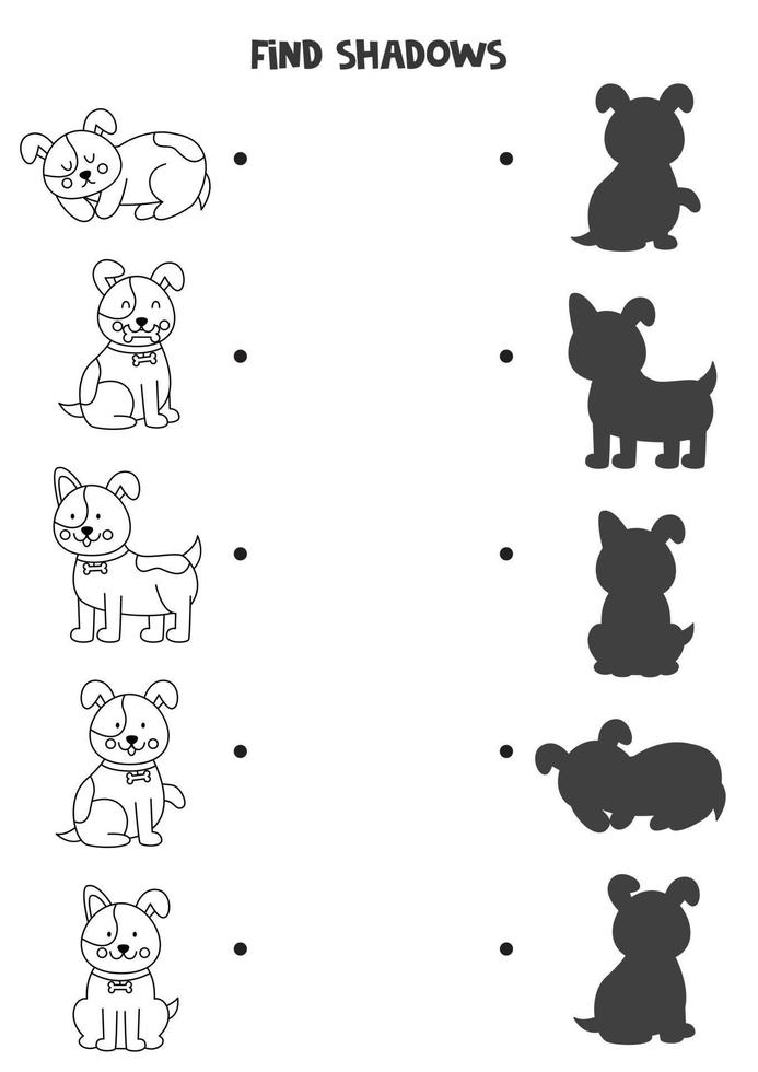 Find the correct shadows of black and white dogs. Logical puzzle for kids. vector