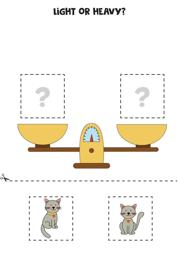 Light, heavy or equal. Cut pictures below and glue to the right box. vector