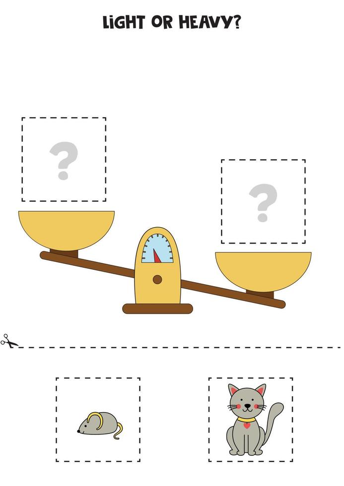 Light, heavy or equal. Cut pictures below and glue to the right box. vector