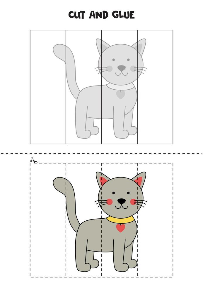 Juego de cortar y pegar para niños. lindo gato gris. vector