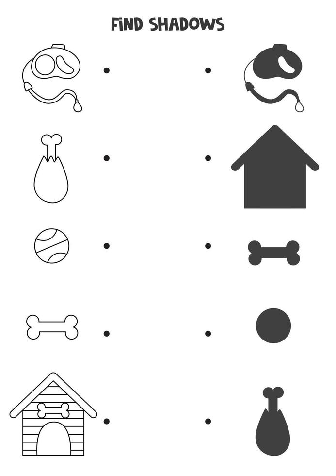 Find the correct shadows of black and white dog accessories. Logical puzzle for kids. vector