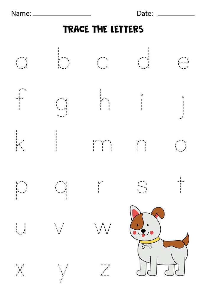 Worksheet with cute dog. Trace lowercase letters of alphabet. vector