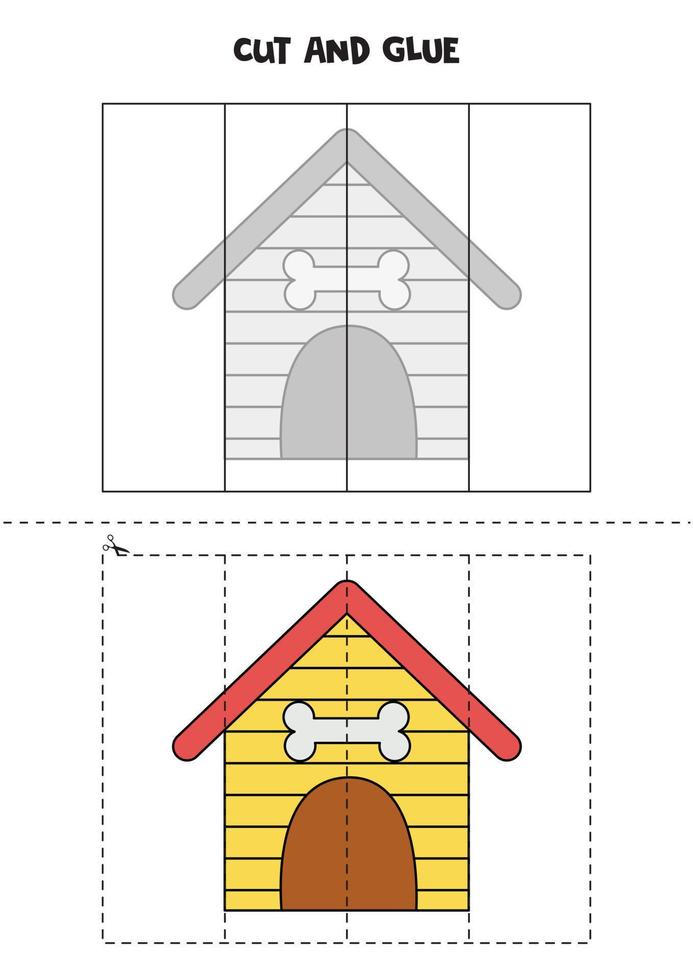 Cut and glue game for kids. Cartoon dog house. vector