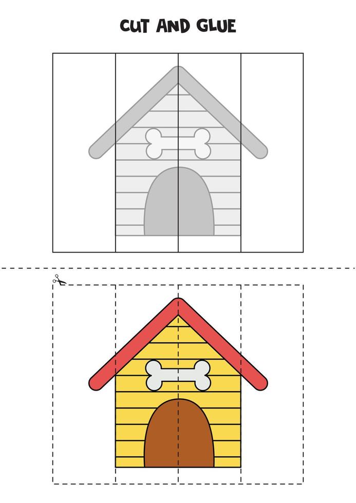 Juego de cortar y pegar para niños. casa de perro de dibujos animados. vector