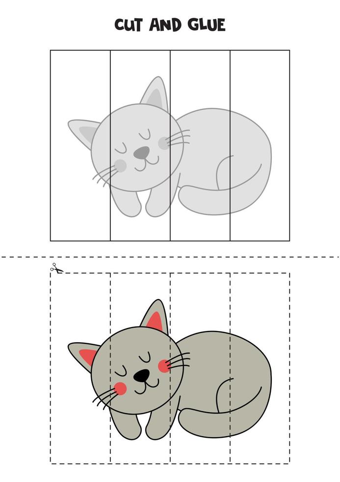 Cut and glue game for kids. Cute sleeping cat. vector