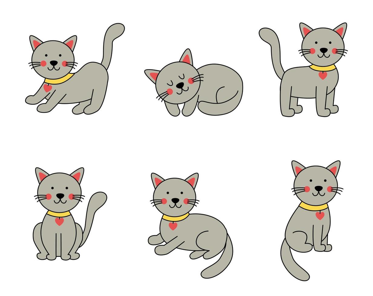 conjunto de lindos gatos grises en estilo de dibujos animados. vector