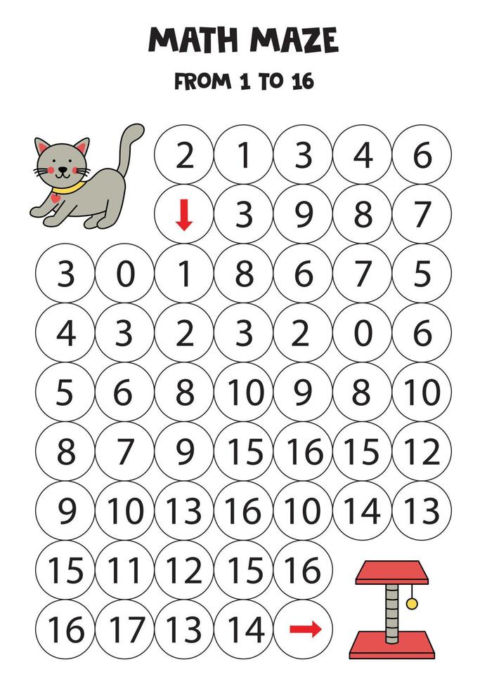 Get cute gray cat to the scratching post by counting to 16. vector