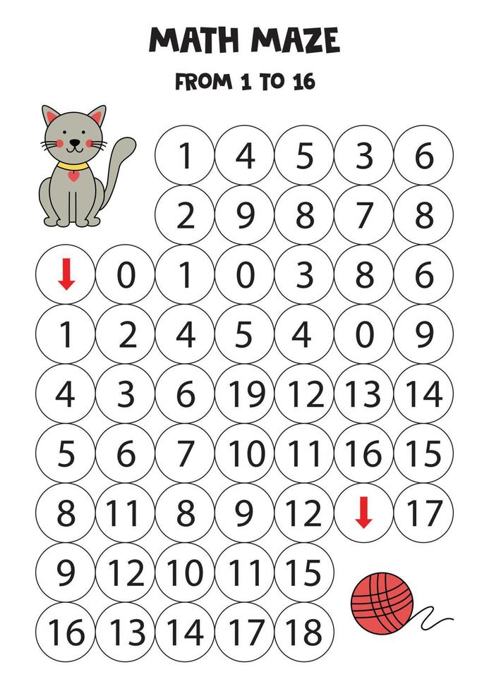 Get cute gray cat to the ball of yarn by counting to 16. vector