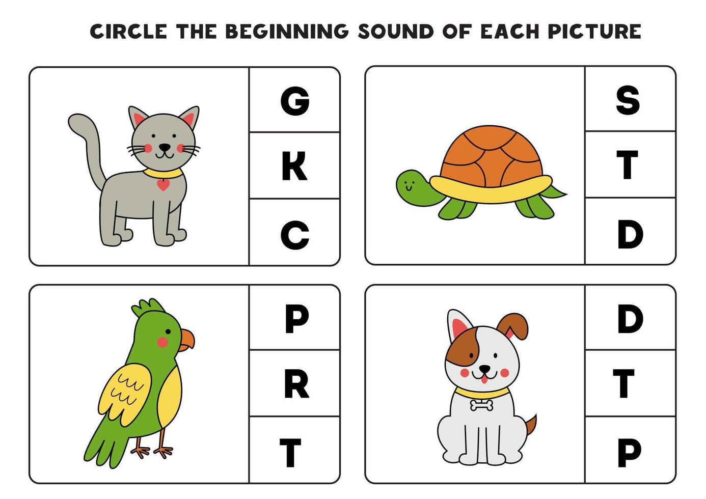 Worksheet for kids. Find the beginning sound of cute pets. vector