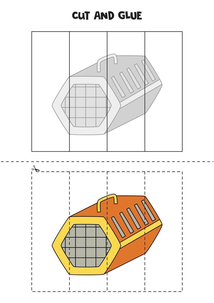 Cut and glue game for kids. Cartoon pet carrier. vector