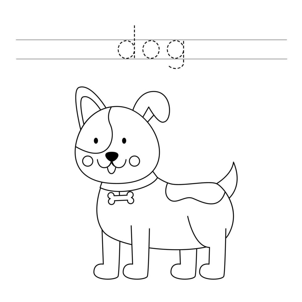 Trace the letters and color dog. Handwriting practice for kids. vector