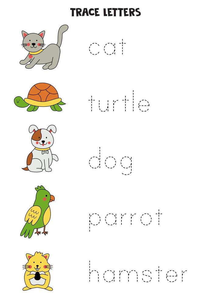 Tracing names of cute pets. Writing practice. vector