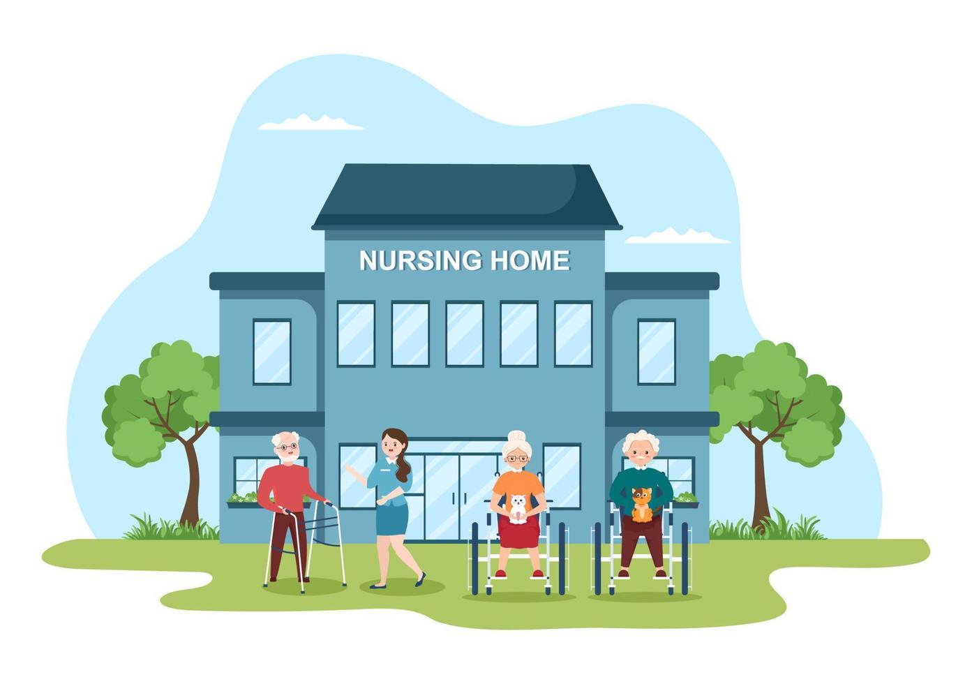 Elderly Care Services Hand Drawn Cartoon Flat Illustration with Caregiver, Nursing Home, Assisted Living and Support Design vector