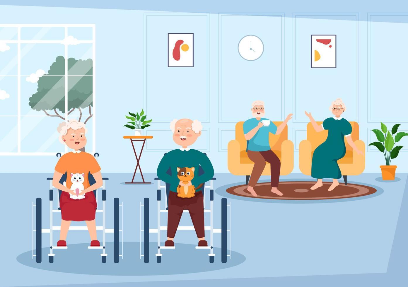 Elderly Care Services Hand Drawn Cartoon Flat Illustration with Caregiver, Nursing Home, Assisted Living and Support Design vector