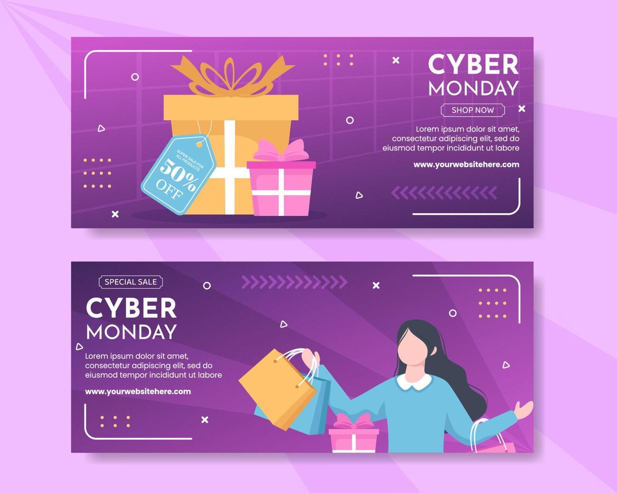 Cyber Monday Sale Horizontal Banner Template Hand Drawn Cartoon Flat Illustration vector