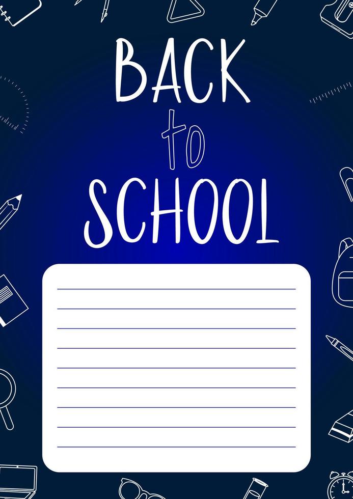 Back to school poster for kids with line art supplies on the background. Doodle style. vector